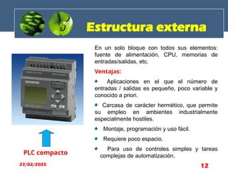 PLC compacto
Estructura externa
En un solo bloque con todos sus elementos:
fuente de alimentación, CPU, memorias de
entradas/salidas, etc.
Ventajas:
Aplicaciones en el que el número de
entradas / salidas es pequeño, poco variable y
conocido a priori.
Carcasa de carácter hermético, que permite
su empleo en ambientes industrialmente
especialmente hostiles.
Montaje, programación y uso fácil.
Requiere poco espacio.
Para uso de controles simples y tareas
complejas de automatización.
27/02/2025 12
 