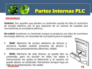 MEMORIAS
Partes Internas PLC
Volátiles: Son aquellas que pierden su contenido cuando les falta el suministro
de energía eléctrica, por lo que requieren de un sistema de respaldo que
normalmente es una batería eléctrica.
No-volátil mantienen su contenido aunque se produzca una falta de suministro
de energía eléctrica, sin necesidad de una batería para el respaldo.
RAM: Memoria de acceso aleatorio de lectura y
escritura. Pueden realizar procesos de lectura y
escritura por procedimientos eléctricos. Volátil.
ROM: Memoria de solo lectura, se puede leer su
contenido, pero no escribir en ellas; los datos e
instrucciones los graba el fabricante y el usuario no
puede alterar su contenido. Permanece aunque haya un
fallo en la alimentación. No volátil.
27/02/2025 15
 