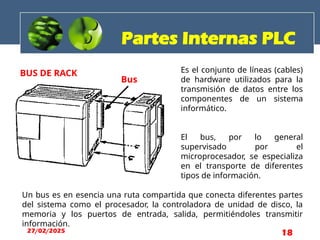 Bus
BUS DE RACK
Partes Internas PLC
Es el conjunto de líneas (cables)
de hardware utilizados para la
transmisión de datos entre los
componentes de un sistema
informático.
El bus, por lo general
supervisado por el
microprocesador, se especializa
en el transporte de diferentes
tipos de información.
Un bus es en esencia una ruta compartida que conecta diferentes partes
del sistema como el procesador, la controladora de unidad de disco, la
memoria y los puertos de entrada, salida, permitiéndoles transmitir
información.
27/02/2025 18
 