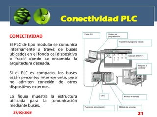 CONECTIVIDAD
Conectividad PLC
El PLC de tipo modular se comunica
internamente a través de buses
ubicados en el fondo del dispositivo
o “rack“ donde se ensambla la
arquitectura deseada.
Si el PLC es compacto, los buses
están presentes internamente, pero
no admiten conexión de otros
dispositivos externos.
La figura muestra la estructura
utilizada para la comunicación
mediante buses.
27/02/2025 21
 