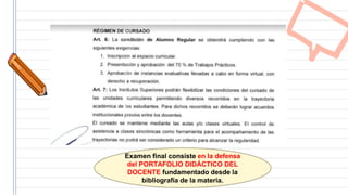 Examen final consiste en la defensa
del PORTAFOLIO DIDÁCTICO DEL
DOCENTE fundamentado desde la
bibliografía de la materia.
 
