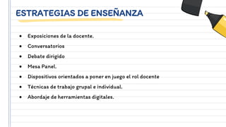 ESTRATEGIAS DE ENSEÑANZA
 Exposiciones de la docente.
 Conversatorios
 Debate dirigido
 Mesa Panel.
 Dispositivos orientados a poner en juego el rol docente
 Técnicas de trabajo grupal e individual.
 Abordaje de herramientas digitales.
 