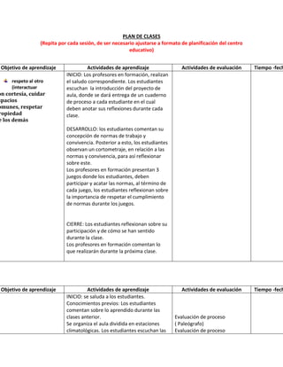 PLAN DE CLASES 
(Repita por cada sesión, de ser necesario ajustarse a formato de planificación del centro educativo) 
Objetivo de aprendizaje 
Actividades de aprendizaje 
Actividades de evaluación 
Tiempo -fecha 
respeto al otro (interactuar 
con cortesía, cuidar espacios 
comunes, respetar propiedad 
de los demás 
INICIO: Los profesores en formación, realizan el saludo correspondiente. Los estudiantes escuchan la introducción del proyecto de aula, donde se dará entrega de un cuaderno de proceso a cada estudiante en el cual deben anotar sus reflexiones durante cada clase. 
DESARROLLO: los estudiantes comentan su concepción de normas de trabajo y convivencia. Posterior a esto, los estudiantes observan un cortometraje, en relación a las normas y convivencia, para así reflexionar sobre este. 
Los profesores en formación presentan 3 juegos donde los estudiantes, deben participar y acatar las normas, al término de cada juego, los estudiantes reflexionan sobre la importancia de respetar el cumplimiento de normas durante los juegos. 
CIERRE: Los estudiantes reflexionan sobre su participación y de cómo se han sentido durante la clase. 
Los profesores en formación comentan lo que realizarán durante la próxima clase. 
Objetivo de aprendizaje 
Actividades de aprendizaje 
Actividades de evaluación 
Tiempo -fecha 
INICIO: se saluda a los estudiantes. 
Conocimientos previos: Los estudiantes comentan sobre lo aprendido durante las clases anterior. 
Se organiza el aula dividida en estaciones climatológicas. Los estudiantes escuchan las 
Evaluación de proceso ( Paleógrafo) 
Evaluación de proceso 
 