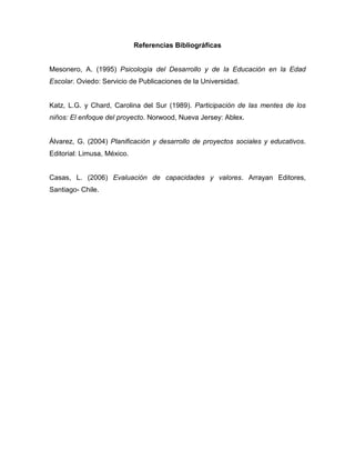 Referencias Bibliográficas 
Mesonero, A. (1995) Psicología del Desarrollo y de la Educación en la Edad Escolar. Oviedo: Servicio de Publicaciones de la Universidad. 
Katz, L.G. y Chard, Carolina del Sur (1989). Participación de las mentes de los niños: El enfoque del proyecto. Norwood, Nueva Jersey: Ablex. 
Álvarez, G. (2004) Planificación y desarrollo de proyectos sociales y educativos. Editorial: Limusa, México. 
Casas, L. (2006) Evaluación de capacidades y valores. Arrayan Editores, Santiago- Chile. 
 