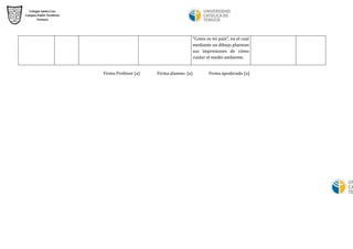 “Como es mi país”, en el cual mediante un dibujo plasman sus impresiones de cómo cuidar el medio ambiente. 
Firma Profesor (a) Firma alumno (a) Firma apoderado (a) 
 