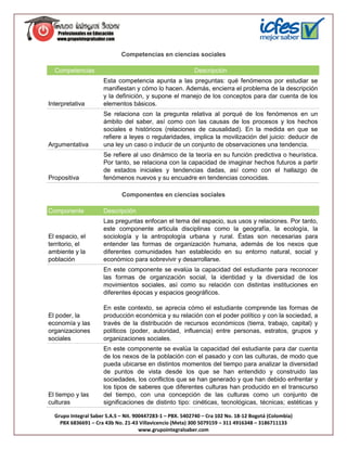 Competencias en ciencias sociales

  Competencias                                             Descripción
                      Esta competencia apunta a las preguntas: qué fenómenos por estudiar se
                      manifiestan y cómo lo hacen. Además, encierra el problema de la descripción
                      y la definición, y supone el manejo de los conceptos para dar cuenta de los
Interpretativa        elementos básicos.
                      Se relaciona con la pregunta relativa al porqué de los fenómenos en un
                      ámbito del saber, así como con las causas de los procesos y los hechos
                      sociales e históricos (relaciones de causalidad). En la medida en que se
                      refiere a leyes o regularidades, implica la movilización del juicio: deducir de
Argumentativa         una ley un caso o inducir de un conjunto de observaciones una tendencia.
                      Se refiere al uso dinámico de la teoría en su función predictiva o heurística.
                      Por tanto, se relaciona con la capacidad de imaginar hechos futuros a partir
                      de estados iniciales y tendencias dadas, así como con el hallazgo de
Propositiva           fenómenos nuevos y su encuadre en tendencias conocidas.

                             Componentes en ciencias sociales

Componente            Descripción
                      Las preguntas enfocan el tema del espacio, sus usos y relaciones. Por tanto,
                      este componente articula disciplinas como la geografía, la ecología, la
El espacio, el        sociología y la antropología urbana y rural. Éstas son necesarias para
territorio, el        entender las formas de organización humana, además de los nexos que
ambiente y la         diferentes comunidades han establecido en su entorno natural, social y
población             económico para sobrevivir y desarrollarse.
                      En este componente se evalúa la capacidad del estudiante para reconocer
                      las formas de organización social, la identidad y la diversidad de los
                      movimientos sociales, así como su relación con distintas instituciones en
                      diferentes épocas y espacios geográficos.

                      En este contexto, se aprecia cómo el estudiante comprende las formas de
El poder, la          producción económica y su relación con el poder político y con la sociedad, a
economía y las        través de la distribución de recursos económicos (tierra, trabajo, capital) y
organizaciones        políticos (poder, autoridad, influencia) entre personas, estratos, grupos y
sociales              organizaciones sociales.
                      En este componente se evalúa la capacidad del estudiante para dar cuenta
                      de los nexos de la población con el pasado y con las culturas, de modo que
                      pueda ubicarse en distintos momentos del tiempo para analizar la diversidad
                      de puntos de vista desde los que se han entendido y construido las
                      sociedades, los conflictos que se han generado y que han debido enfrentar y
                      los tipos de saberes que diferentes culturas han producido en el transcurso
El tiempo y las       del tiempo, con una concepción de las culturas como un conjunto de
culturas              significaciones de distinto tipo: cinéticas, tecnológicas, técnicas; estéticas y

  Grupo Integral Saber S.A.S – Nit. 900447283-1 – PBX. 5402740 – Cra 102 No. 18-12 Bogotá (Colombia)
    PBX 6836691 – Cra 43b No. 21-43 Villavicencio (Meta) 300 5079159 – 311 4916348 – 3186711133
                                      www.grupointegralsaber.com
 