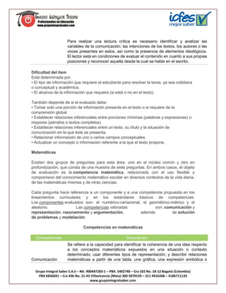 Para realizar una lectura crítica es necesario identificar y analizar las
                      variables de la comunicación; las intenciones de los textos, los autores o las
                      voces presentes en estos, así como la presencia de elementos ideológicos.
                      El lector está en condiciones de evaluar el contenido en cuanto a sus propias
                      posiciones y reconocer aquella desde la cual se habla en el escrito.

Dificultad del ítem
Está determinada por:
• El tipo de información que requiere el estudiante para resolver la tarea, ya sea cotidiana
o conceptual y académica.
• El alcance de la información que requiere (si está o no en el texto).

También depende de si el evaluado debe:
• Tomar solo una porción de información presente en el texto o si requiere de la
comprensión global.
• Establecer relaciones inferenciales entre porciones mínimas (palabras y expresiones) o
mayores (párrafos o textos completos).
• Establecer relaciones inferenciales entre un texto, su título y la situación de
comunicación en la que éste se presenta.
• Relacionar información de uno o varios campos conceptuales.
• Actualizar un concepto o información referente a la que el texto propone.

Matemáticas

Existen dos grupos de preguntas para esta área: uno en el núcleo común y otro en
profundización, que consta de una muestra de siete preguntas. En ambos casos, el objeto
de evaluación es la competencia matemática, relacionada con el uso flexible y
comprensivo del conocimiento matemático escolar en diversos contextos de la vida diaria,
de las matemáticas mismas y de otras ciencias.

Cada pregunta hace referencia a un componente y a una competencia propuesta en los
lineamientos curriculares y en los estándares básicos de competencias.
Los componentes evaluados son: el numérico-variacional, el geométrico-métrico y el
aleatorio.             Las competencias valoradas             son: comunicación y
representación, razonamiento y argumentación,          además         de solución
de problemas y modelación.

                                Competencias en matemáticas

  Competencias                                             Descripción
                      Se refiere a la capacidad para identificar la coherencia de una idea respecto
                      a los conceptos matemáticos expuestos en una situación o contexto
                      determinado; usar diferentes tipos de representación; y describir relaciones
Comunicación          matemáticas a partir de una tabla, una gráfica, una expresión simbólica o

  Grupo Integral Saber S.A.S – Nit. 900447283-1 – PBX. 5402740 – Cra 102 No. 18-12 Bogotá (Colombia)
    PBX 6836691 – Cra 43b No. 21-43 Villavicencio (Meta) 300 5079159 – 311 4916348 – 3186711133
                                      www.grupointegralsaber.com
 