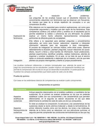 en           la            resolución        de           problemas.
                      Las preguntas de las pruebas buscan que el estudiante relacione los
                      conocimientos adquiridos con fenómenos que se observan con frecuencia,
                      de manera que pase de la simple repetición de conceptos a un uso
                      comprensivo de ellos.
                      ESe relaciona con la capacidad para construir explicaciones, así como para
                      comprender argumentos y modelos que den razón de los fenómenos. Esta
                      competencia conlleva una actitud crítica y analítica en el estudiante que le
                      permite establecer la validez o coherencia de una afirmación. Es posible
Explicación de        explicar un mismo hecho utilizando representaciones conceptuales
fenómenos             pertinentes de diferente grado de complejidad.
                      ESe refiere a la capacidad para plantear preguntas y procedimientos
                      adecuados, así como para buscar, seleccionar, organizar e interpretar
                      información relevante para dar respuesta a esos interrogantes.
                      El proceso de indagación en ciencias implica, entre otras cosas, observar
                      detenidamente la situación, plantear preguntas, buscar relaciones de causa-
                      efecto, recurrir a libros u otras fuentes de información, hacer predicciones,
                      plantear experimentos, identificar variables, realizar mediciones, además de
                      organizar y analizar resultados. En el aula, no se trata de que el alumno
                      repita un protocolo establecido o elaborado por el maestro, sino de que éste
Indagación            plantee sus propios interrogantes y diseñe su propio procedimiento.

Las pruebas contienen referencias a campos conceptuales que, además de poner en
juego los conocimientos de los estudiantes, pueden implicar una separación temática que
permite la comprensión del mundo en el que se desarrolla el estudiante. A continuación se
muestran los campos (componentes) que hacen parte de cada una de ellas.

Prueba de química

Con base en los estándares básicos de competencias se evalúan cuatro componentes.

                                   Componentes en química

   Componente                                              Descripción
                      Incluye aspectos relacionados con el análisis cualitativo y cuantitativo de las
                      sustancias. En el primero se evalúan problemas en los que se pretende
Aspectos              establecer cuáles son sus componentes y las características que permiten
analíticos de         diferenciarlas; en el segundo se valoran situaciones en las que debe
sustancias            determinarse la cantidad de cada de cada uno de sus compuestos.
                      En éste se analizan la composición, la estructura y las características de las
                      sustancias desde la teoría atómico-molecular y desde la termodinámica. El
Aspectos              primer referente muestra cómo son los átomos, los iones o las moléculas,
fisicoquímicos de     además de la forma como se relacionan con sus estructuras químicas; el
sustancias            segundo permite comprender las condiciones termodinámicas en las que hay

  Grupo Integral Saber S.A.S – Nit. 900447283-1 – PBX. 5402740 – Cra 102 No. 18-12 Bogotá (Colombia)
    PBX 6836691 – Cra 43b No. 21-43 Villavicencio (Meta) 300 5079159 – 311 4916348 – 3186711133
                                      www.grupointegralsaber.com
 