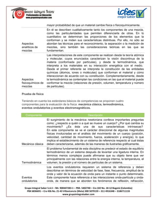 mayor probabilidad de que un material cambie física o fisicoquímicamente.
                      En él se describen cualitativamente tanto los componentes de una mezcla,
                      como las particularidades que permiten diferenciarla de otras. En lo
                      cuantitativo se determinan las proporciones de los elementos que la
                      conforman y se miden sus características distintivas. Por ello, no sólo se
Aspectos              abordan las técnicas para el reconocimiento, la separación o la medición de
analíticos de         mezclas, sino también las consideraciones teóricas en las que se
mezclas               fundamentan.
                      Las interpretaciones de este componente se realizan desde la teoría atómica
                      y molecular, cuyos enunciados caracterizan la visión discontinua de la
                      materia (conformada por partículas), y desde la termodinámica, que
                      interpreta a los materiales en su interacción energética con el medio.
                      Desde el primer referente se interpreta la constitución de las entidades
                      químicas (átomos, iones o moléculas) que conforman el material y cómo
                      interaccionan de acuerdo con su constitución. Complementariamente, desde
Aspectos              la termodinámica se contemplan las condiciones en las que el material puede
fisicoquímicos de     conformar la mezcla (relaciones de presión, volumen, temperatura y número
mezclas               de partículas).

Prueba de física

Teniendo en cuenta los estándares básicos de competencias se proponen cuatro
componentes para la evaluación de la física: mecánica clásica, termodinámica,
eventos ondulatorios y eventos electromagnéticos.

   Componente                                              Descripción
                      El surgimiento de la mecánica newtoniana conlleva importantes preguntas
                      como: ¿respecto a quién o a qué se mueve un cuerpo? ¿Por qué cambia su
                      movimiento? ¿Es ésta una de sus características intrínsecas?
                      En este componente se ve el carácter direccional de algunas magnitudes
                      físicas involucradas en el análisis del movimiento de un cuerpo (posición,
                      velocidad, cantidad de movimiento, fuerza, aceleración y energía), lo que
                      implica el establecimiento de un sistema de referencia respecto al cual éstas
Mecánica clásica      deben caracterizarse, además de las maneras de ilustrarlas gráficamente.
                      El problema fundamental de esta disciplina es predecir el estado de equilibrio
                      termodinámico de un sistema después de levantar una ligadura interna. En
                      términos menos complejos puede afirmarse que su objeto tiene que ver
                      principalmente con las relaciones entre la energía interna, la temperatura, el
Termodinámica         volumen, la presión y el número de partículas de un sistema.
                      Los eventos ondulatorios requieren un sistema de referencia y deben
                      describirse en términos de velocidad de fase, fase, frecuencia, amplitud de la
                      onda y valor de la ecuación de onda para un instante o punto determinado.
Eventos               Este componente hace referencia a las interacciones onda-partícula y onda-
ondulatorios          onda, de manera que se aborden los fenómenos de reflexión, refracción,

  Grupo Integral Saber S.A.S – Nit. 900447283-1 – PBX. 5402740 – Cra 102 No. 18-12 Bogotá (Colombia)
    PBX 6836691 – Cra 43b No. 21-43 Villavicencio (Meta) 300 5079159 – 311 4916348 – 3186711133
                                      www.grupointegralsaber.com
 