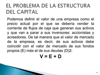 Podemos definir el valor de una empresa como el
precio actual por el que se debería vender la
corriente de flujos de caja que generan sus activos
y que van a parar a sus inversores: accionistas y
acreedores. De tal manera que el valor de mercado
de la empresa, es decir, de sus activos debe
coincidir con el valor de mercado de sus fondos
propios (E) más el de sus deudas (D)2:
                   V=E+D

                                                      14
 