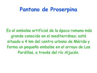 Pantano de Proserpina


Es el embalse artificial de la época romana más
  grande conocido en el mediterráneo; está
situado a 4 km del centro urbano de Mérida y
forma un pequeño embalse en el arroyo de Las
       Pardillas, a través del río Aljucén.
 