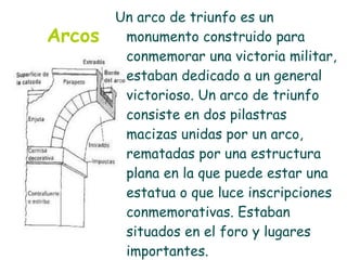 Un arco de triunfo es un
Arcos    monumento construido para
         conmemorar una victoria militar,
         estaban dedicado a un general
         victorioso. Un arco de triunfo
         consiste en dos pilastras
         macizas unidas por un arco,
         rematadas por una estructura
         plana en la que puede estar una
         estatua o que luce inscripciones
         conmemorativas. Estaban
         situados en el foro y lugares
         importantes.
 