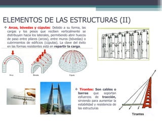 ELEMENTOS DE LAS ESTRUCTURAS (II) Tirantes : Son cables o barras  que soportan esfuerzos de  tracción,  sirviendo para aumentar la estabilidad y resistencia de las estructuras Arcos, bóvedas y cúpulas :  Debido a su forma, las cargas y los pesos que reciben verticalmente se distribuyen hacia los laterales, permitiendo abrir huecos de paso entre pilares (arcos), entre muros (bóvedas) o cubrimientos de edificios (cúpulas). La clave del éxito en las formas resistentes está en  repartir la carga . 