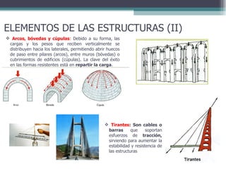 ELEMENTOS DE LAS ESTRUCTURAS (II) Tirantes : Son cables o barras  que soportan esfuerzos de  tracción,  sirviendo para aumentar la estabilidad y resistencia de las estructuras Arcos, bóvedas y cúpulas :  Debido a su forma, las cargas y los pesos que reciben verticalmente se distribuyen hacia los laterales, permitiendo abrir huecos de paso entre pilares (arcos), entre muros (bóvedas) o cubrimientos de edificios (cúpulas). La clave del éxito en las formas resistentes está en  repartir la carga . 