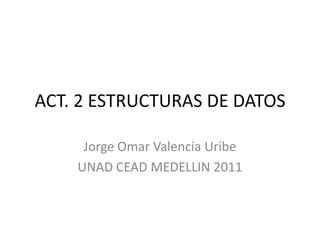 ACT. 2 ESTRUCTURAS DE DATOS Jorge Omar Valencia Uribe UNAD CEAD MEDELLIN 2011 