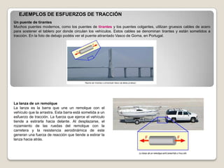 EJEMPLOS DE ESFUERZOS DE TRACCIÓN
Un puente de tirantes
Muchos puentes modernos, como los puentes de tirantes y los puentes colgantes, utilizan gruesos cables de acero
para sostener el tablero por donde circulan los vehículos. Estos cables se denominan tirantes y están sometidos a
tracción. En la foto de debajo podéis ver el puente atirantado Vasco de Goma, en Portugal.




La lanza de un remolque
La lanza es la barra que une un remolque con el
vehículo que la arrastra. Esta barra está sometida a un
esfuerzo de tracción. La fuerza que ejerce el vehículo
tiende a estirarla hacia delante. Al desplazarse, el
rozamiento de las ruedas del remolque con la
carretera y la resistencia aerodinámica de este
generan una fuerza de reacción que tiende a estirar la
lanza hacia atrás.
 