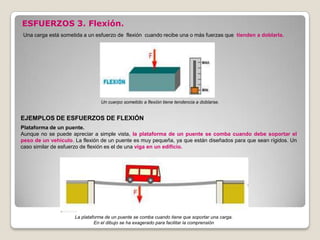 ESFUERZOS 3. Flexión.
Una carga está sometida a un esfuerzo de flexión cuando recibe una o más fuerzas que tienden a doblarla.




                                Un cuerpo sometido a flexión tiene tendencia a doblarse.


EJEMPLOS DE ESFUERZOS DE FLEXIÓN
Plataforma de un puente.
Aunque no se puede apreciar a simple vista, la plataforma de un puente se comba cuando debe soportar el
peso de un vehículo. La flexión de un puente es muy pequeña, ya que están diseñados para que sean rígidos. Un
caso similar de esfuerzo de flexión es el de una viga en un edificio.




                     La plataforma de un puente se comba cuando tiene que soportar una carga.
                              En el dibujo se ha exagerado para facilitar la comprensión
 