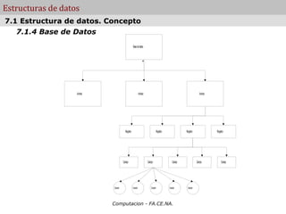 Estructuras de datos
7.1 Estructura de datos. Concepto
   7.1.4 Base de Datos
                                                     Base de datos


                                                                    .



                   Archivo                                      Archivo                                                      Archivo




                                          Registro                                      Registro               Registro                Registro




                                        Campo                             Campo                        Campo               Campo            Campo




                             Caracter                Caracter                Caracter              Caracter     Caracter




                             Computacion - FA.CE.NA.
 