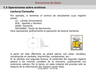 Estructuras de datos
7.3 Operaciones sobre archivos
     Lectura/Consulta
     Por ejemplo, si tenemos el archivo de estudiantes cuyo registro
     posee:
         LU - Libreta Universitaria
         AYN - Apellido y Nombre
         DOMI- Domicilio
         FECHANAC- Fecha de Nacimiento
     Para representar gráficamente la operación de lectura haríamos



                                    LU
                                    AYN
                        Leer
                                    DOMI
                                    FECHANAC



     A partir de este momento se podrá operar con estas variables,
     visualizarlas en pantalla, imprimirlas, compararlas, etc.-
     Si se efectúa una segunda lectura, el contenido del segundo registro
     pasará a las mismas variables de la memoria, sustituyendo sus
     anteriores valores. Por lo tanto, en cada instante del proceso solo se
     dispone de la información del registro recién leído.
                                 Computacion - FA.CE.NA.
 