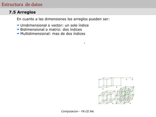Estructura de datos
   7.5 Arreglos
       En cuanto a las dimensiones los arreglos pueden ser:
        Unidimensional o vector: un solo índice
        Bidimensional o matriz: dos índices
        Multidimensional: mas de dos índices

                                              .




                               Computacion - FA.CE.NA.
 
