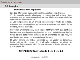 Estructura de datos
   7.5 Arreglos
            Diferencia con registros
        Las dos diferencias sustanciales entre arreglos y registro son:
        1) Un arreglo puede almacenar N elementos del mismo tipo,
        mientras que un registro puede almacenar N elementos de distintos
        tipos que se llaman campos.
        2) Los componentes de un arreglo se acceden por medio de índices,
        mientras que en un registro los campos se acceden por medio de su
        nombre, el cual es único.
        Un vector unidimensional, es el vector TEMPERATURA que contiene
        las temperaturas horarias registradas en una ciudad durante las 24
        horas del día. Este vector constará de 24 elementos del tipo real, ya
        que las temperaturas no serán enteras siempre.
        El valor mínimo del índice permitido de un vector se denomina
        límite inferior del vector (L) y el valor máximo permitido se
        denomina límite superior (U). En este ejemplo el límite inferior es 1
        y el superior 24.

                  TEMPERATURA (I) donde 1 <= I <= 24

                                           .
                               Computacion - FA.CE.NA.
 