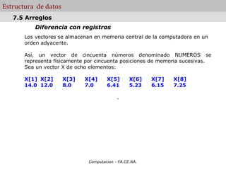 Estructura de datos
   7.5 Arreglos
          Diferencia con registros
       Los vectores se almacenan en memoria central de la computadora en un
       orden adyacente.

       Así, un vector de cincuenta números denominado NUMEROS se
       representa físicamente por cincuenta posiciones de memoria sucesivas.
       Sea un vector X de ocho elementos:

       X[1] X[2]      X[3]   X[4]     X[5]       X[6]   X[7]   X[8]
       14.0 12.0      8.0    7.0      6.41       5.23   6.15   7.25

                                           .




                              Computacion - FA.CE.NA.
 