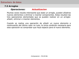 Estructura de datos
   7.5 Arreglos
         Operaciones:            Actualizacion
     Muchas veces resulta interesante que dado un arreglo, puedan añadirse
     nuevos elementos o eliminar o insertar componentes. Estas resultan las
     tres operaciones elementales que se pueden realizar en un arreglo:
     añadir, eliminar e insertar elementos.

     Cuando se realiza una operación de añadir un nuevo elemento a
     continuación del último valor no nulo, la única condición necesaria para
     esta operación es comprobar que haya espacio para el nuevo elemento.




                                Computacion - FA.CE.NA.
 