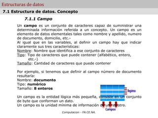 Estructuras de datos
7.1 Estructura de datos. Concepto
          7.1.1 Campo
       Un campo es un conjunto de caracteres capaz de suministrar una
       determinada información referida a un concepto. Un campo es un
       elemento de datos elementales tales como nombre y apellido, numero
       de documento, domicilio, etc.-
       Al igual que en las variables, al definir un campo hay que indicar
       claramente sus tres características:
       Nombre: Nombre que identifica a ese conjunto de caracteres
       Tipo: Tipo de caracteres que puede contener (alfabético, entero,
             etc.-)
       Tamaño: Cantidad de caracteres que puede contener

       Por ejemplo, si tenemos que definir al campo número de documento
       resultaría:
       Nombre: documento
       Tipo: numérico
       Tamaño: 8 enteros

       Un campo es la entidad lógica más pequeña, consiste en un conjunto
       de byte que conforman un dato.
       Un campo es la unidad mínima de información de un registro.
                              Computacion - FA.CE.NA.
 