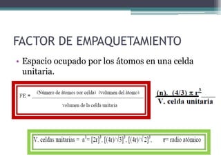 FACTOR DE EMPAQUETAMIENTO
• Espacio ocupado por los átomos en una celda
unitaria.
 
