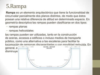 5.Rampa
Rampa es un elemento arquitectónico que tiene la funcionalidad de
circunvalar parcialmente dos planos distintos, de modo que éstos
posean una relativa diferencia de altitud en determinado espacio. En
geometría descriptiva las rampas pueden clasificarse en dos tipos:
• rampas planas
• rampas helicoidales
las rampas pueden ser utilizadas, tanto en la construcción
de aceras, accesos a edificios o incluso medios de transporte
público, como una alternativa a las escaleras para facilitar la
locomoción de personas discapacitadas o con movilidad reducida. En
general, este tipo de rampas sirven para subir o bajar cargas
disminuyendo los esfuerzos.

 