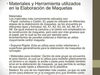 • Materiales y Herramienta utilizados
en la Elaboración de Maquetas
Materiales
Los materiales más comúnmente utilizados son:
• Papel, cartulina y Cartón: EL papel es utilizado en diferentes
etapas de la elaboración de maquetas, se los encuentra en
diferentes tipos y formatos: A0, A1, A2, A3, A4, A5, A6, A7, y
A8. De igual manera la cartulina y el cartón son empleados en
la construcción de maquetas, pero esto son más gruesos que
el papel, por lo cual se los usa por ejemplo para
levantamientos de paredes externas e internas se utiliza
mayormente cartón maqueta.
• Espuma Rígida: Esta se utiliza para cortar volúmenes o
superficies generalmente para la elaboración de maquetas de
concepto.
• Materiales para modelar: Dentro de este grupo se encuentra
el yeso blanco, el cual se lo utiliza para modelar plásticamente
un terreno o un objeto; la arcilla o pasta para modelar también
sirve en la elaboración de maqueas, ya que permite la ventaja
de que quede rígida a diferencia de la plastilina.
• Madera: Es uno de los materiales más usados, ya que no solo
sirven para elaborar en si la maqueta sino que también como

 