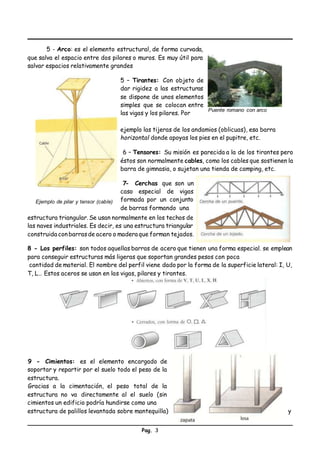 Pag. 3
5 - Arco: es el elemento estructural, de forma curvada,
que salva el espacio entre dos pilares o muros. Es muy útil para
salvar espacios relativamente grandes
5 – Tirantes: Con objeto de
dar rigidez a las estructuras
se dispone de unos elementos
simples que se colocan entre
las vigas y los pilares. Por
Puente romano con arco
Ejemplo de pilar y tensor (cable)
ejemplo las tijeras de los andamios (oblicuas), esa barra
horizontal donde apoyas los pies en el pupitre, etc.
6 – Tensores: Su misión es parecida a la de los tirantes pero
éstos son normalmente cables, como los cables que sostienen la
barra de gimnasia, o sujetan una tienda de camping, etc.
7
- Cerchas que son un
caso especial de vigas
formada por un conjunto
de barras formando una
estructura triangular. Se usan normalmente en los techos de
las naves industriales. Es decir, es una estructura triangular
construida conbarrasde acero o madera que forman tejados.
8 - Los perfiles: son todos aquellas barras de acero que tienen una forma especial. se emplean
para conseguir estructuras más ligeras que soportan grandes pesos con poca
cantidad de material. El nombre del perfil viene dado por la forma de la superficie lateral: I, U,
T, L… Estos aceros se usan en las vigas, pilares y tirantes.
9 - Cimientos: es el elemento encargado de
soportar y repartir por el suelo todo el peso de la
estructura.
Gracias a la cimentación, el peso total de la
estructura no va directamente al el suelo (sin
cimientos un edificio podría hundirse como una
estructura de palillos levantada sobre mantequilla) y
 