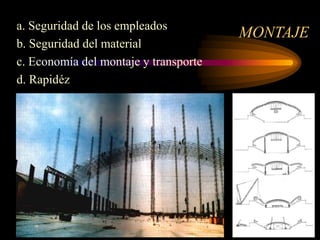 MONTAJE
a. Seguridad de los empleados
b. Seguridad del material
c. Economía del montaje y transporte
d. Rapidéz
 