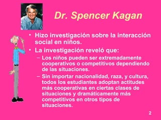 Dr. Spencer Kagan   <ul><li>Hizo investigación sobre la interacción social en niños.  </li></ul><ul><li>La investigación r...