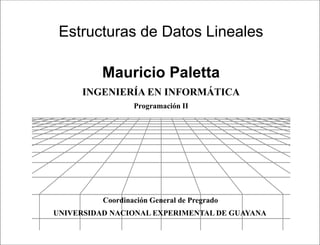 Presentación




 Estructuras de Datos Lineales

          Mauricio Paletta
     INGENIERÍA EN INFORMÁTICA
                  Programación II




          Coordinación General de Pregrado
UNIVERSIDAD NACIONAL EXPERIMENTAL DE GUAYANA

                               Programación II
 