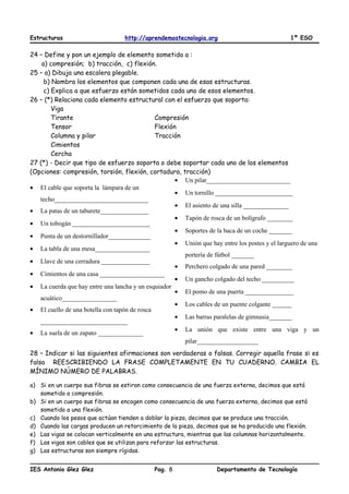 Estructuras http://aprendemostecnologia.org 1º ESO
24 – Define y pon un ejemplo de elemento sometido a :
a) compresión; b) tracción, c) flexión.
25 – a) Dibuja una escalera plegable.
b) Nombra los elementos que componen cada una de esas estructuras.
c) Explica a que esfuerzo están sometidos cada uno de esos elementos.
26 – (*) Relaciona cada elemento estructural con el esfuerzo que soporta:
Viga
Tirante Compresión
Tensor Flexión
Columna y pilar Tracción
Cimientos
Cercha
27 (*) - Decir que tipo de esfuerzo soporta o debe soportar cada uno de los elementos
(Opciones: compresión, torsión, flexión, cortadura, tracción)
• El cable que soporta la lámpara de un
techo_____________________________
• La patas de un taburete_______________
• Un tobogán ________________________
• Punta de un destornillador_____________
• La tabla de una mesa_________________
• Llave de una cerradura _______________
• Cimientos de una casa ____________________
• La cuerda que hay entre una lancha y un esquiador
acuático_________________
• El cuello de una botella con tapón de rosca
___________________________
• La suela de un zapato ______________
• Un pilar__________________________
• Un tornillo ________________________
• El asiento de una silla ______________
• Tapón de rosca de un bolígrafo ________
• Soportes de la baca de un coche _______
• Unión que hay entre los postes y el larguero de una
portería de fútbol _______
• Perchero colgado de una pared ________
• Un gancho colgado del techo __________
• El pomo de una puerta _______________
• Los cables de un puente colgante ______
• Las barras paralelas de gimnasia_______
• La unión que existe entre una viga y un
pilar___________________
28 – Indicar si las siguientes afirmaciones son verdaderas o falsas. Corregir aquella frase si es
falsa REESCRIBIENDO LA FRASE COMPLETAMENTE EN TU CUADERNO. CAMBIA EL
MÍNIMO NÚMERO DE PALABRAS.
a) Si en un cuerpo sus fibras se estiran como consecuencia de una fuerza externa, decimos que está
sometido a compresión.
b) Si en un cuerpo sus fibras se encogen como consecuencia de una fuerza externa, decimos que está
sometido a una flexión.
c) Cuando los pesos que actúan tienden a doblar la pieza, decimos que se produce una tracción.
d) Cuando las cargas producen un retorcimiento de la pieza, decimos que se ha producido una flexión.
e) Las vigas se colocan verticalmente en una estructura, mientras que las columnas horizontalmente.
f) Las vigas son cables que se utilizan para reforzar las estructuras.
g) Las estructuras son siempre rígidas.
IES Antonio Glez Glez Pag. Departamento de Tecnología8
 