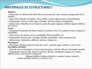 MATERIALES DE ESTRUCTURAS I Madera: - Obtención: Se obtiene del árbol, lleva un proceso de corte, secado y preparación de la madera. - Tipos: Pino Flandes, Eucalipto, Haya, Roble, Caoba, aglomerado, contrachapado. - Propiedades: Dureza media, ligero, flexible, fácil de trabajar (moldeable). - Aplicaciones: Muebles en su mayoría, pasta de papel, algunos edificios (Japón edificios sin clavos). Acero: - Obtención: Fundición de Hierro (99%) y Carbono (1%). Si se añade Cromo o Níquel es inoxidable. - Tipos: Acero al carbono, acero inoxidable, Hierro fundido, etc. - Propiedades: Dureza alta, no frágil, flexible, moldeable a altas temperaturas. - Aplicaciones: Industrias, edificios, llaveros, relojes, etc. Hormigón: - Obtención: Mezcla proporcionada de: arena, cemento, agua, áridos ( y acero si es  hormigón armado ). - Tipos de acero: Hormigón en masa (poco practico, solo de relleno), hormigón armado. Propiedades: Dureza alta, frágil a tracción y flexión, moldeable (fragua en 21 días). - Aplicaciones: construcción en general. Otros:  ladrillos (relleno-aislante), cemento (unión, enlucir),  corcho (aislante térmico y acústico), etc. 