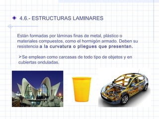4.6.- ESTRUCTURAS LAMINARES
Están formadas por láminas finas de metal, plástico o
materiales compuestos, como el hormigón armado. Deben su
resistencia a la curvatura o pliegues que presentan.
Se emplean como carcasas de todo tipo de objetos y en
cubiertas onduladas.
 