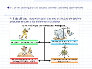 5.1.- ¿Cómo se consigue que una estructura sea estable, resistente y poco deformable.
 Estabilidad: para conseguir que una estructura se estable
se puede recurrir a las siguientes soluciones:
 