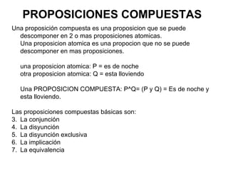 PROPOSICIONES COMPUESTAS Una proposición compuesta es una proposicion que se puede descomponer en 2 o mas proposiciones atomicas. Una proposicion atomica es una propocion que no se puede descomponer en mas proposiciones. una proposicion atomica: P = es de noche otra proposicion atomica: Q = esta lloviendo Una PROPOSICION COMPUESTA: P^Q= (P y Q) = Es de noche y esta lloviendo. Las proposiciones compuestas básicas son: La conjunción La disyunción La disyunción exclusiva La implicación La equivalencia 