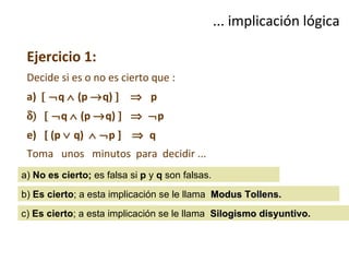 ... implicación lógica Ejercicio 1: Decide si es o no es cierto que : a)       q    (p   q)        p      q    (p   q)         p [  (p    q)      p  ]      q   Toma  unos  minutos  para  decidir ... a)  No es cierto;  es falsa si  p  y  q  son falsas. b)  Es cierto ; a esta implicación se le llama  Modus Tollens. c)  Es cierto ; a esta implicación se le llama  Silogismo disyuntivo. 