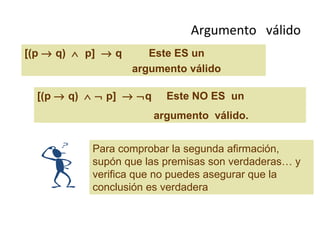 Argumento  válido [(p    q)     p]    q  Este ES un  argumento válido [(p    q)       p]      q  Este NO ES  un argumento  válido.  Para comprobar la segunda afirmación, supón que las premisas son verdaderas… y  verifica que no puedes asegurar que la  conclusión es verdadera 