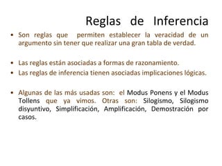 Son reglas que  permiten establecer la veracidad de un argumento sin tener que realizar una gran tabla de verdad.  Las reglas están asociadas a formas de razonamiento. Las reglas de inferencia tienen asociadas implicaciones lógicas. Algunas de las más usadas son:  el  Modus Ponens y el Modus Tollens  que ya vimos. Otras son:  Silogismo, Silogismo disyuntivo, Simplificación, Amplificación, Demostración por casos. Reglas  de  Inferencia 