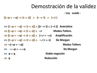   -  Ley  usada - [(  p      q)    (r    s)]     (r    t)     (  t )     [(  p      q)    (r    s)]     [(r    t)    (  t )]   Asociativa    [(  p      q)    (r    s)]      r  Modus Tollens    [(  p      q)    (r    s)]     (  r      s)  Amplificación    [(  p      q)    (r    s)]       ( r    s)  De Morgan     (  p      q)     Modus Tollens       p       q    De Morgan    p    q   Doble negación    q  Reducción Demostración de la validez 