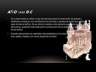 AÑO 1555 D.C
•   En la edad media se utilizó un tipo de estructura para la construcción de iglesias y
    catedrales se basa en una combinación de columnas y paredes de piedra que sujetan el
    peso de todo el edificio. No se utiliza la madera como elemento que forme parte de las
    estructuras, quedando reservada para la construcción de los andamios, y algunas veces
    de los techos.
•   Durante este periodo los materiales más empleados en la construcción de estructuras
    eran: piedra, madera y en menor proporción el acero.
 