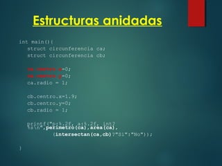 Estructuras anidadas
int main(){
struct circunferencia ca;
struct circunferencia cb;
ca.centro.x=0;
ca.centro.y=0;
ca.radio = 1;
cb.centro.x=1.9;
cb.centro.y=0;
cb.radio = 1;
printf("p:%.2f, a:%.2f, int?
%sn",perimetro(ca),area(ca),
(intersectan(ca,cb)?"Si":"No"));
}
 