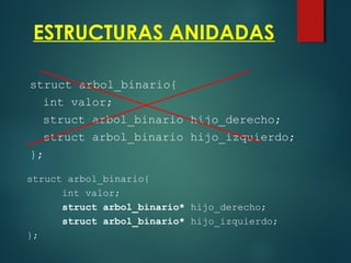 ESTRUCTURAS ANIDADAS
struct arbol_binario{
int valor;
struct arbol_binario hijo_derecho;
struct arbol_binario hijo_izquierdo;
};
struct arbol_binario{
int valor;
struct arbol_binario* hijo_derecho;
struct arbol_binario* hijo_izquierdo;
};
 