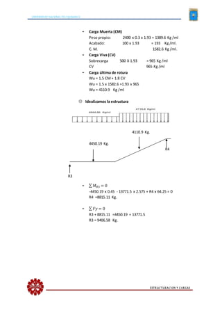 UNIVERSIDAD NACIONAL DE CAJAMARCA
ESTRUCTURACION Y CARGAS
- Carga Muerta (CM)
Peso propio: 2400 x 0.3 x 1.93 = 1389.6 Kg /ml
Acabado: 100 x 1.93 = 193 Kg /ml.
C. M. 1582.6 Kg /ml.
- Carga Viva (CV)
Sobrecarga 500 X 1.93 = 965 Kg /ml
CV 965 Kg /ml
- Carga última de rotura
Wu = 1.5 CM+ 1.8 CV
Wu = 1.5 x 1582.6 +1.93 x 965
Wu = 4110.9 Kg /ml
 Idealizamos la estructura
4110.9 Kg.
4450.19 Kg.
R4
R3
- ∑ 𝑀 𝑅3 = 0
-4450.19 x 0.45 - 13771.5 x 2.575 + R4 x 64.25 = 0
R4 =8815.11 Kg.
- ∑ 𝐹𝑦 = 0
R3 + 8815.11 =4450.19 + 13771.5
R3 = 9406.58 Kg.
 