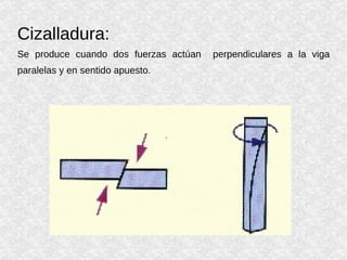Cizalladura: Se produce cuando dos fuerzas actúan  perpendiculares a la viga paralelas y en sentido apuesto. 