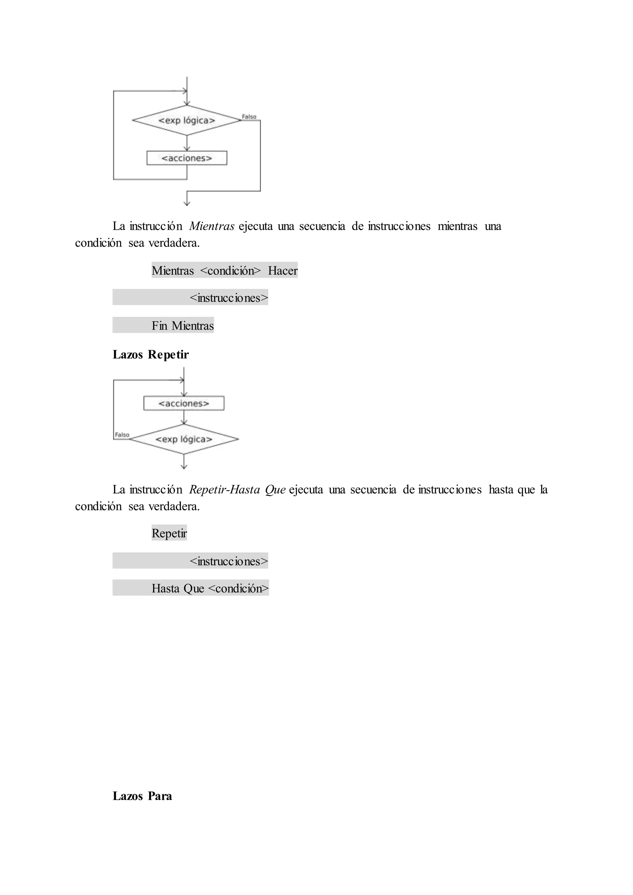 La instrucción Mientras ejecuta una secuencia de instrucciones mientras una
condición sea verdadera.
Mientras <condición> Hacer
<instrucciones>
Fin Mientras
Lazos Repetir
La instrucción Repetir-Hasta Que ejecuta una secuencia de instrucciones hasta que la
condición sea verdadera.
Repetir
<instrucciones>
Hasta Que <condición>
Lazos Para
 